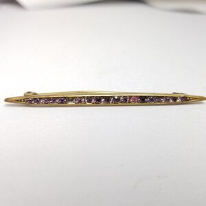 Vintage Skinny Pink Purple Rhinestone Bar Brooch, Gold Tone Setting, Estate